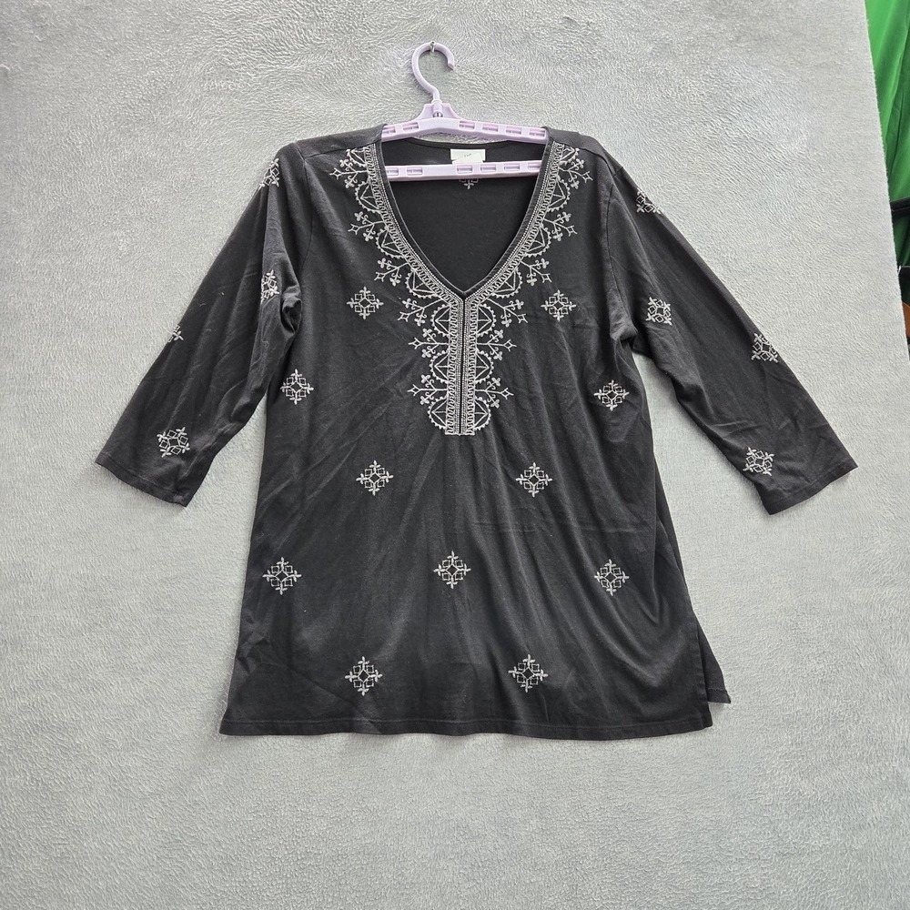 J. Jill Women Blouse MP PETITE Black Embroidered V-Neck Fairy Grunge Witchy